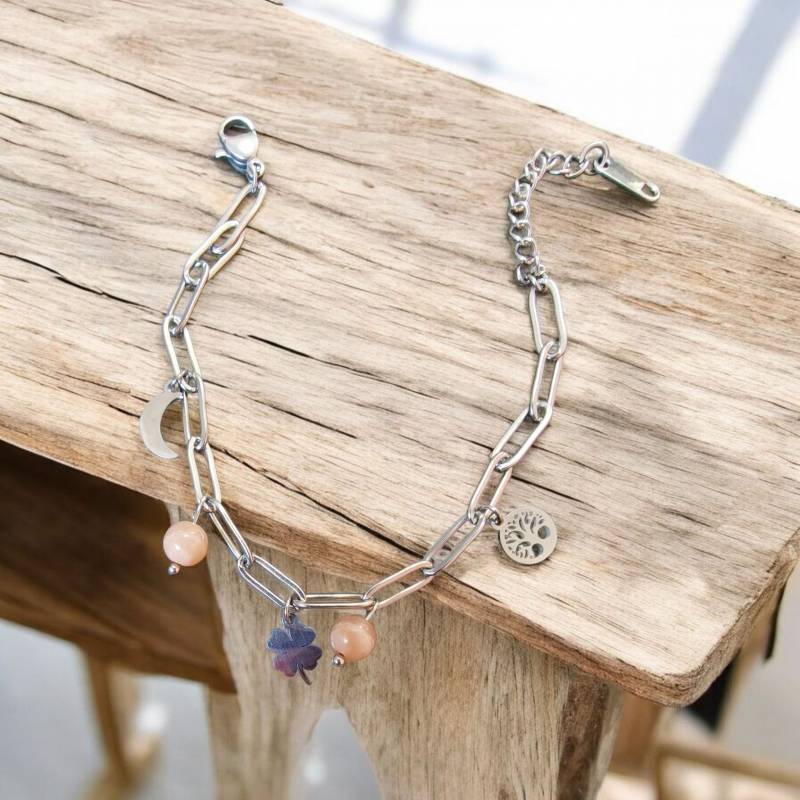 Pulsera Acero Piedra Luna + Amuletos