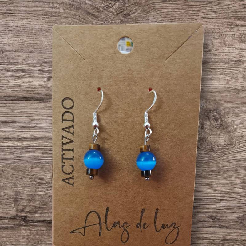 Pendientes Plata Ojo  Gato Azul + Ojo Tigre